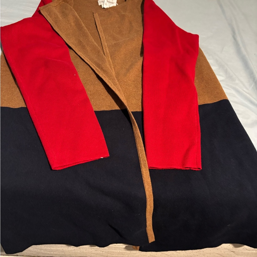 J. Crew Colorblock Belted Cardigan — Camel, Red & Navy - Picture 2 of 4